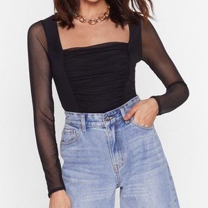 Nasty Gal Mesh Sleeve Square Neck Bodysuit
